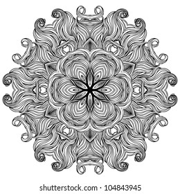 Ornate lace black and white lines  pattern, in circle, vector detailed round background.