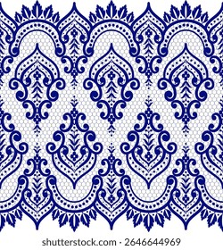 Ornate lace pattern in deep blue, featuring intricate floral and geometric designs, suitable for textiles or decorative purposes.