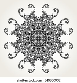 Ornate lacy doodle floral round rosette in black over white backgrounds. Hand drawn mandala. Coloring pages for adults.