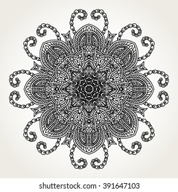 Ornate lacy doodle floral round rosette in black over white backgrounds. Hand drawn mandala. Coloring pages for adults.