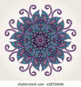 Ornate Lacy Doodle Floral Round Rosette Over White Backgrounds. Hand Drawn Teal, Blue And Purple Mandala.