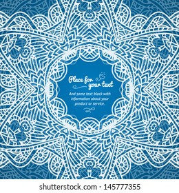 Ornate lacy vector white frame on blue background
