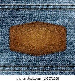 Ornate leather label with copyspace on denim background - eps10