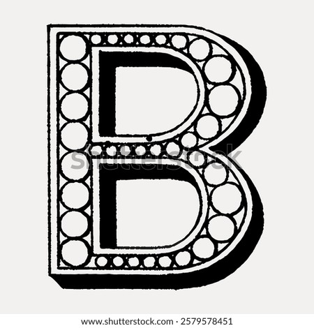 Ornate letter 'B' design with circular patterns. Decorative 'B' features intricate circles. Stylish 'B' with circular motifs. Artistic 'B' with elegant circles. Vintage black font isolated, vector.