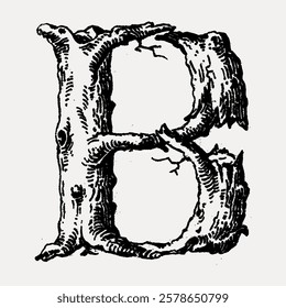 Ornate letter B design resembling tree branches. Intricate branch details form the letter B. Rustic, nature-inspired B with branch-like texture. Vintage black font isolated on white, vector.