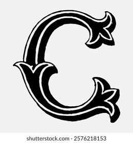 Ornate letter C in black and white, featuring intricate, decorative patterns. The letter C stands out with bold, elegant design. Classic, artistic letter C. Vintage font vector.