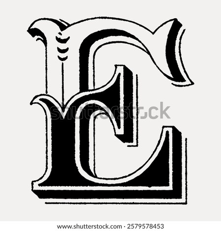 Ornate letter 'E' in black and white, featuring intricate, vintage design. The letter 'E' stands out with its decorative, classic style and bold black outline. Vintage black font isolated, vector.