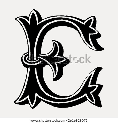 Ornate letter 'E' in black and white, featuring intricate floral designs. The decorative letter 'E' is styled with elegant curves and vintage floral motifs. Vintage font isolated vector.