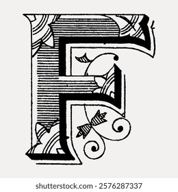 Ornate letter 'F' with intricate floral patterns. Decorative 'F' design, vintage style. Elegant 'F' with detailed floral motifs, classic and artistic. Vintage illustration isolated on white, vector.