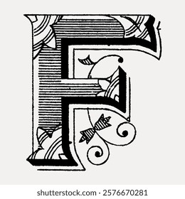 Ornate letter 'F' with intricate floral patterns, vintage style. Decorative 'F' with detailed design, classic look. Elegant 'F' with artistic flourishes. Vintage illustration isolated on white, vector