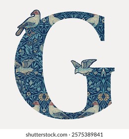 Ornate letter 'G' with intricate floral and bird patterns. Decorative 'G' features birds and flowers. Elegant 'G' design with nature motifs. Vintage illustration vector. William Morris inspired font.