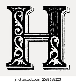 Ornate letter 'H' with intricate floral patterns, vintage style. Decorative letter 'H' with swirls, floral motifs. Elegant, vintage letter 'H' design. Vintage font illustration, isolated vector.