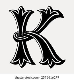 Ornate letter 'K' in black and white, featuring intricate floral designs. The letter 'K' is stylized with elegant curves and decorative elements. Vintage illustration isolated on white, vector.