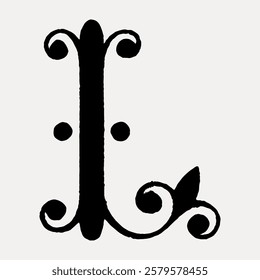 Ornate letter 'L' design with decorative swirls and flourishes. Elegant and artistic letter 'L' in black, perfect for monograms and decorative typography. Vintage floral font vector.