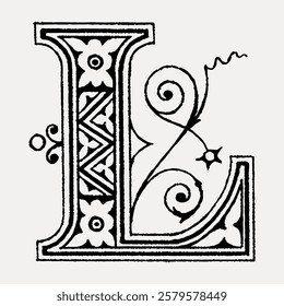 Ornate letter 'L' with floral and swirl patterns. Decorative 'L' design. Intricate 'L' illustration with vintage style. Elegant 'L' artwork with floral motifs. Vintage floral font vector.