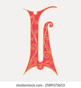 Ornate letter 'L' in red with gold accents. Decorative swirls and elegant design. Vintage style, perfect for artistic projects or monograms. Vintage font illustration, isolated vector.