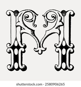 Ornate letter 'M' in vintage style, featuring intricate, decorative swirls and patterns. The vintage letter 'M' showcases elaborate, artistic design elements. Vintage black font isolated, vector.