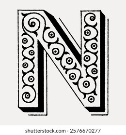 Ornate letter 'N' with intricate swirls and patterns. Decorative 'N' design in black and white. Stylish 'N' with artistic details and elegant swirls. Vintage illustration isolated on white, vector.