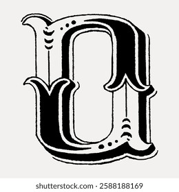 Ornate letter 'O' in black and white, vintage style. Decorative 'O' with intricate details. Stylish 'O' for design. Elegant 'O' in classic typography. Vintage font illustration, isolated vector.