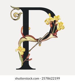 Ornate letter 'P' adorned with yellow flowers and green vines. Decorative 'P' with floral elements. Elegant 'P' design with botanical accents. Vintage floral font vector.