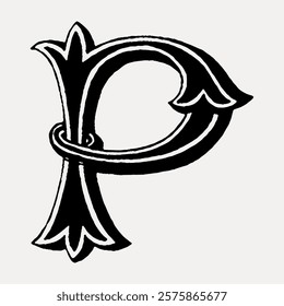 Ornate letter 'P' in black and white, featuring intricate, decorative flourishes. The letter 'P' stands out with its elegant, vintage design and artistic details. Vintage illustration isolated, vector