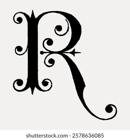 Ornate letter 'R' in vintage style, featuring elegant curves and flourishes. The letter 'R' stands out with its intricate, decorative design, emphasizing classic typography. Vintage font vector.