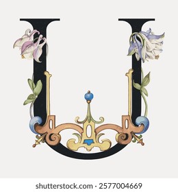 Ornate letter 'U' with floral design. Decorative 'U' features flowers, intricate patterns. Elegant 'U' with vintage floral elements, artistic and detailed.