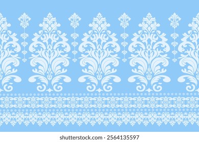 Ornate light blue Damask Pattern with Classic Borders. Pattern design for use as wallpaper, textiles, wrap, carpet, decorative illustration.