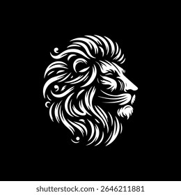 Perfil de cabeça de leão ornamentado, crina estilizada, fundo preto, design elegante.