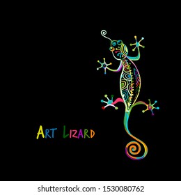 Ornate lizard colorful isolated on black for your design. Vector illustration