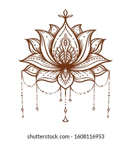 Ornate Lotus flower. Ayurveda symbol of harmony and balance and universe. Tattoo design, yoga logo. Boho print, poster, t-shirt textile. Isolated outline vector illustration.