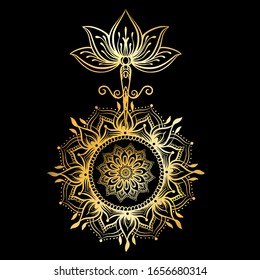 Ornate Lotus flower. Ayurveda symbol of harmony and balance and universe. Tattoo design, yoga logo. Boho print, poster, t-shirt textile. Isolated outline vector illustration in gold colors.