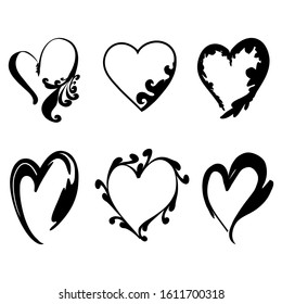 Ornate Love Heart Frames Isolated on White Background. Vector Grunge Set
