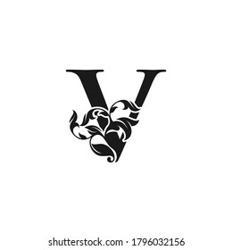 Ornate Luxury Floral Letter V Initial Logo Icon, Black and White Monogram Floral Leaf Logo Design.