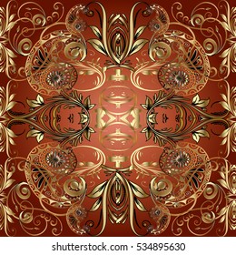 Ornate luxury paisleys seamless pattern. Elegant floral vector background border wallpaper with vintage gold decorative beautiful 3d flowers, leaves and flowery ornaments.