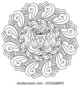 Ornate madnal with a figure in a masquerade mask in the center, anti stress coloring page vector illustration for the holiday