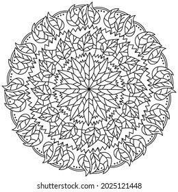 Ornate mandala with bunches of leaves and patterns, autumn meditative coloring page vector illustration