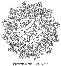 Ornate mandala with clover leaves and a harp in the center, St. Patrick's Day coloring page vector illustration