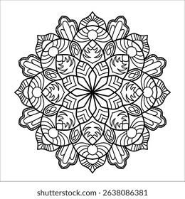 Ornate Mandala Coloring Page Vector - Complex Floral Lotus Adult Meditation Art Black White Line Design Printable Stress Relief Pattern