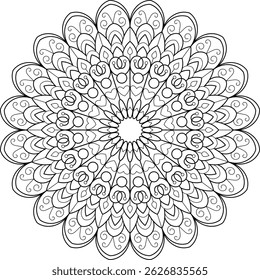Ornate mandala illustration featuring flowing, curved lines and delicate details, ideal for coloring pages aimed at relaxation and creative expression