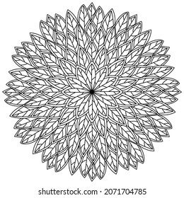 Ornate mandala with leaves with outline and patterns, autumn meditative coloring page vector illustration