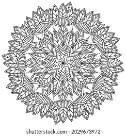 Ornate mandala with leaves and patterns, autumn meditative coloring page vector illustration