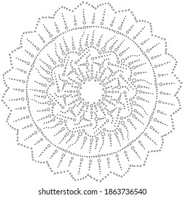 Ornate mandala of many small circles arranged in the form of curls and petals, antistress coloring page of round elements vector illustration