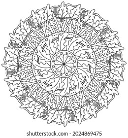 Ornate mandala mit Eichenblättern und -mustern, Herbstfärbung der Vektorgrafik