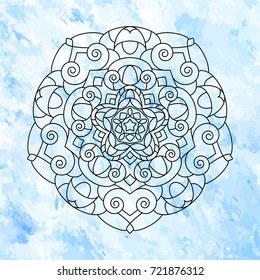 Ornate mandala on abstract color background. Graphic template for different design. Decorative retro ornament. Vector illustration