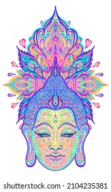 Ornate mandala patterned face of Lord Buddha. Esoteric vintage vector illustration. Indian, Buddhism, spiritual art. Hippie tattoo, spirituality, Thai god, yoga mat design. 
