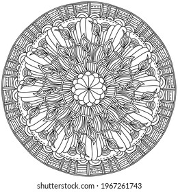 Ornate mandala of peacock feathers and striped patterns, zen coloring page with various natural elements vector illustration