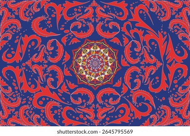 Ornate Mandala with Red Floral Swirls on Indigo Background – Vector Folk Art Pattern 
