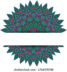 Ornate mandala vector card template with text place. Spa center flyer banner design. Circle floral mandala ornament with butterfly, heart, leaf, petal, flower elements. Ethnic background.