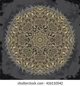Ornate mandala and zodiac circle with horoscope signs on dark grunge background. Vintage hand drawn vector illustration